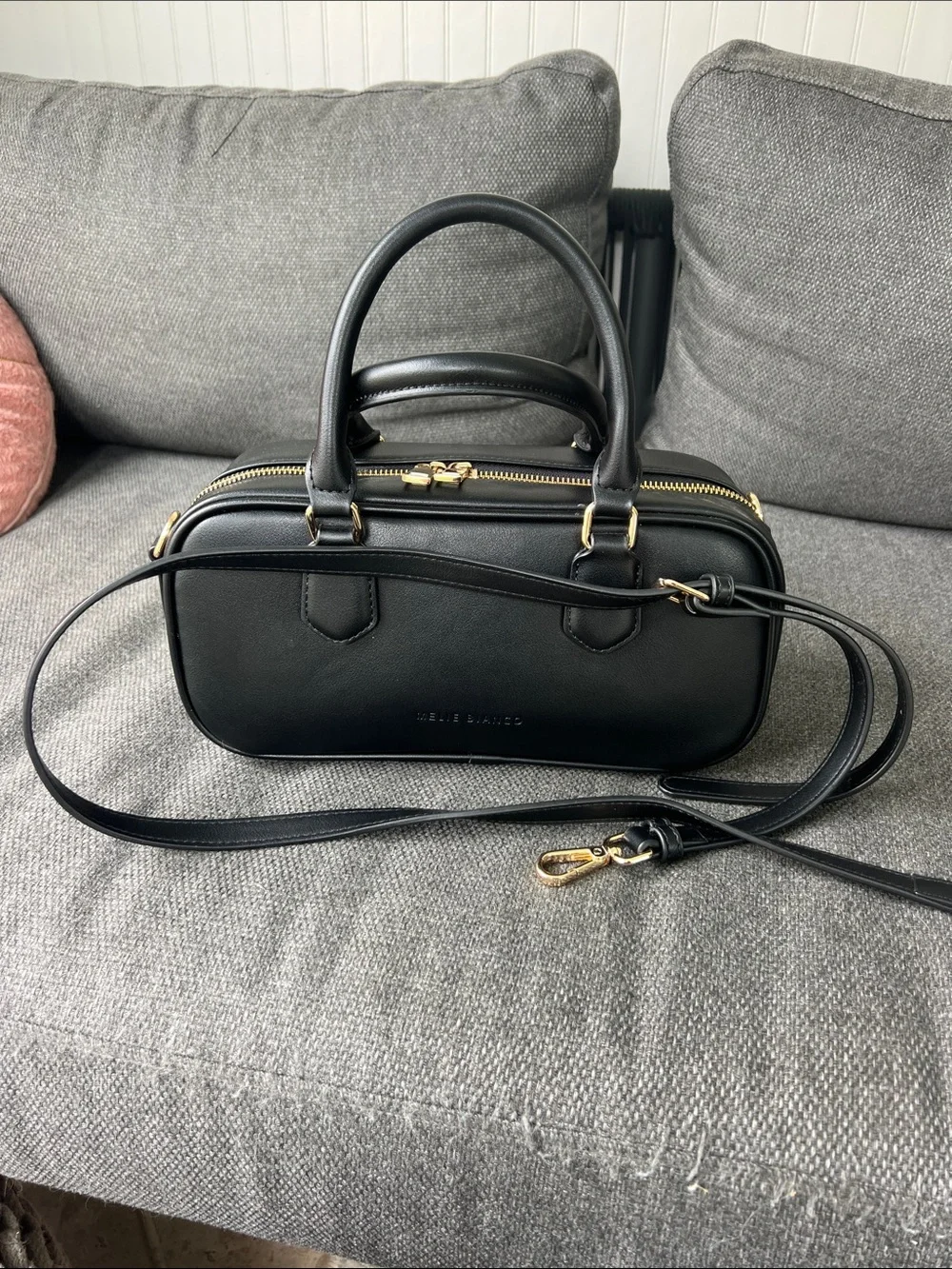 Melie Biiano Black Double-Handle Barrel Satchel with Gold-Tone Hardware